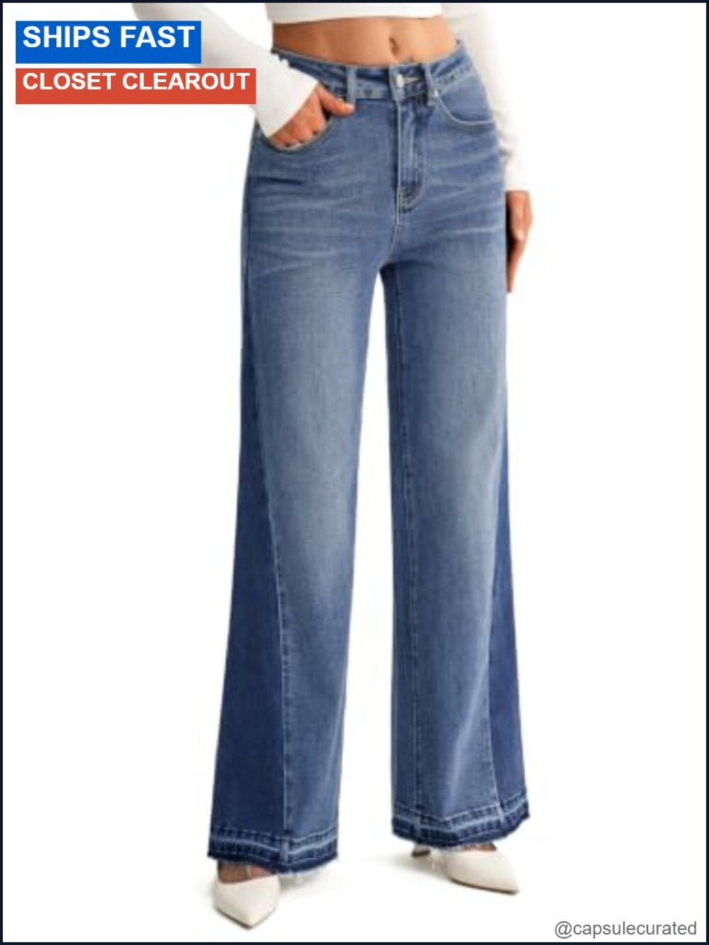 Women's High Waisted Wide Leg Stretch Jeans Patchwork Raw Hem